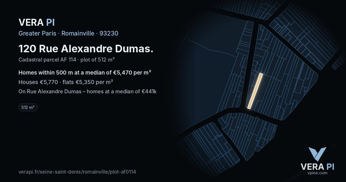 120 Rue Alexandre Dumas, Romainville at night – the plot lit, the parcels around coloured by the prices near them