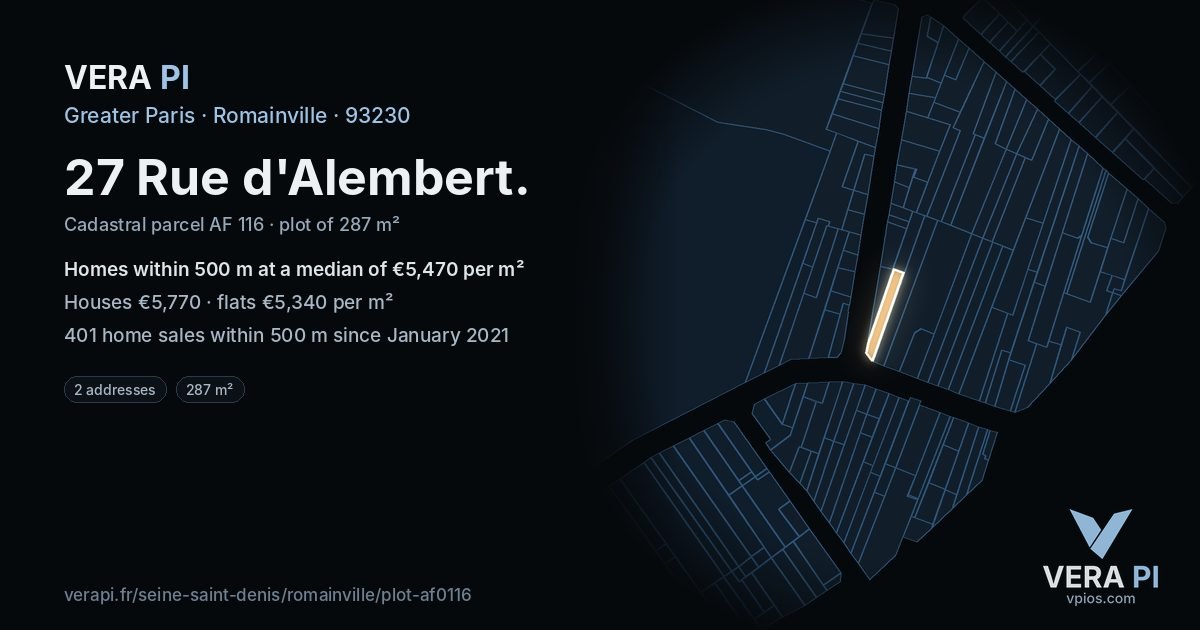 27 Rue d'Alembert, Romainville at night – the plot lit, the parcels around coloured by the prices near them