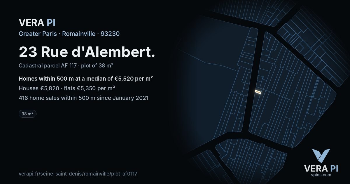 23 Rue d'Alembert, Romainville at night – the plot lit, the parcels around coloured by the prices near them
