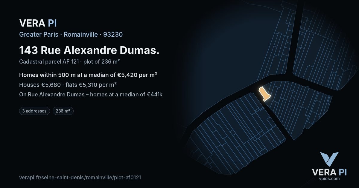 143 Rue Alexandre Dumas, Romainville at night – the plot lit, the parcels around coloured by the prices near them