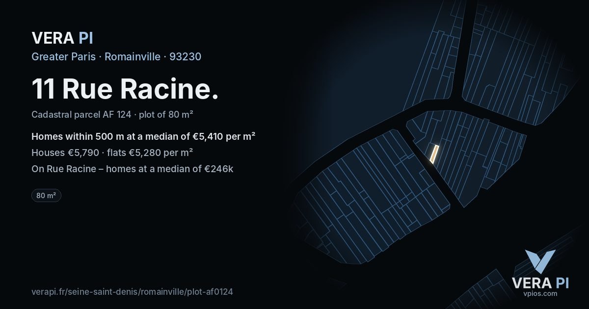 11 Rue Racine, Romainville at night – the plot lit, the parcels around coloured by the prices near them