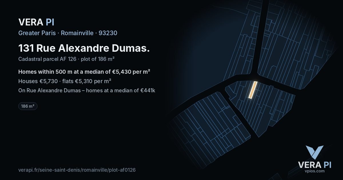 131 Rue Alexandre Dumas, Romainville at night – the plot lit, the parcels around coloured by the prices near them