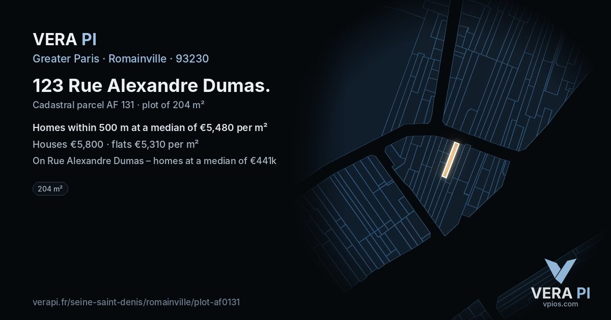 123 Rue Alexandre Dumas, Romainville at night – the plot lit, the parcels around coloured by the prices near them