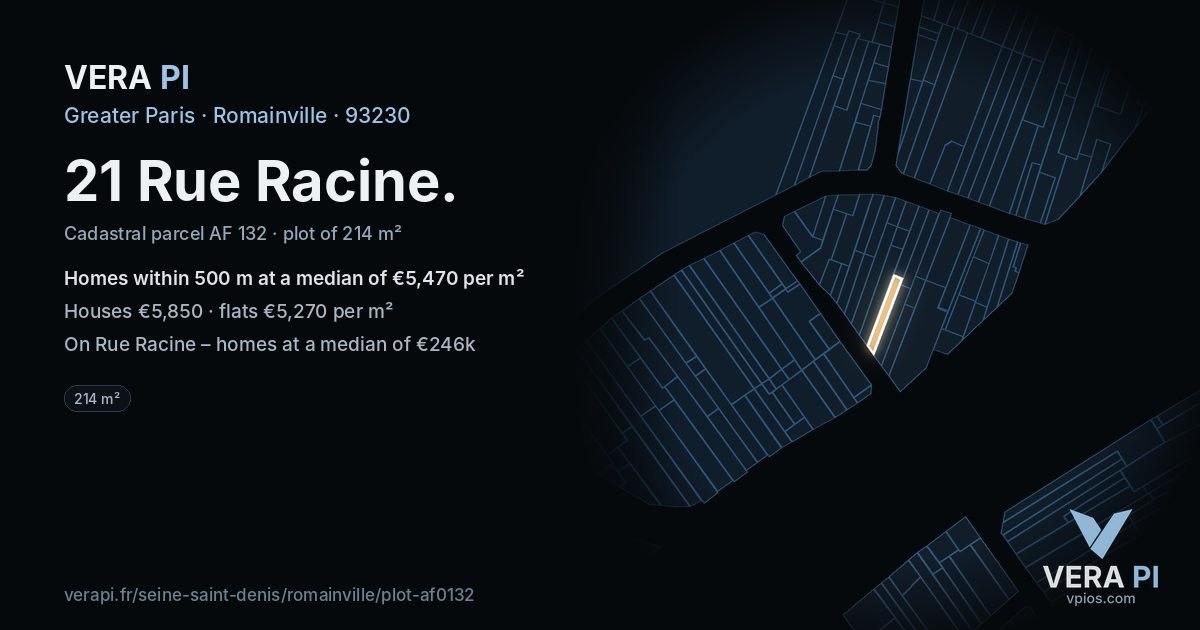 21 Rue Racine, Romainville at night – the plot lit, the parcels around coloured by the prices near them