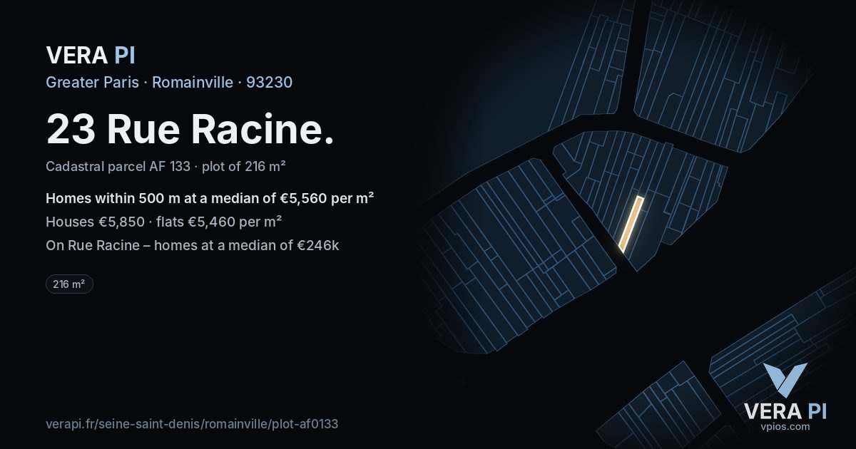 23 Rue Racine, Romainville at night – the plot lit, the parcels around coloured by the prices near them
