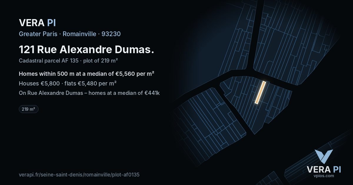 121 Rue Alexandre Dumas, Romainville at night – the plot lit, the parcels around coloured by the prices near them
