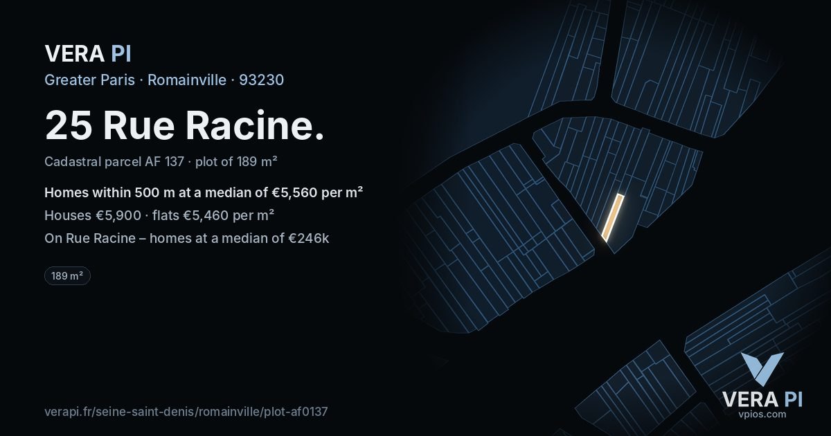 25 Rue Racine, Romainville at night – the plot lit, the parcels around coloured by the prices near them