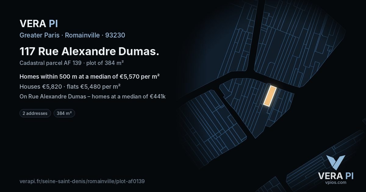 117 Rue Alexandre Dumas, Romainville at night – the plot lit, the parcels around coloured by the prices near them