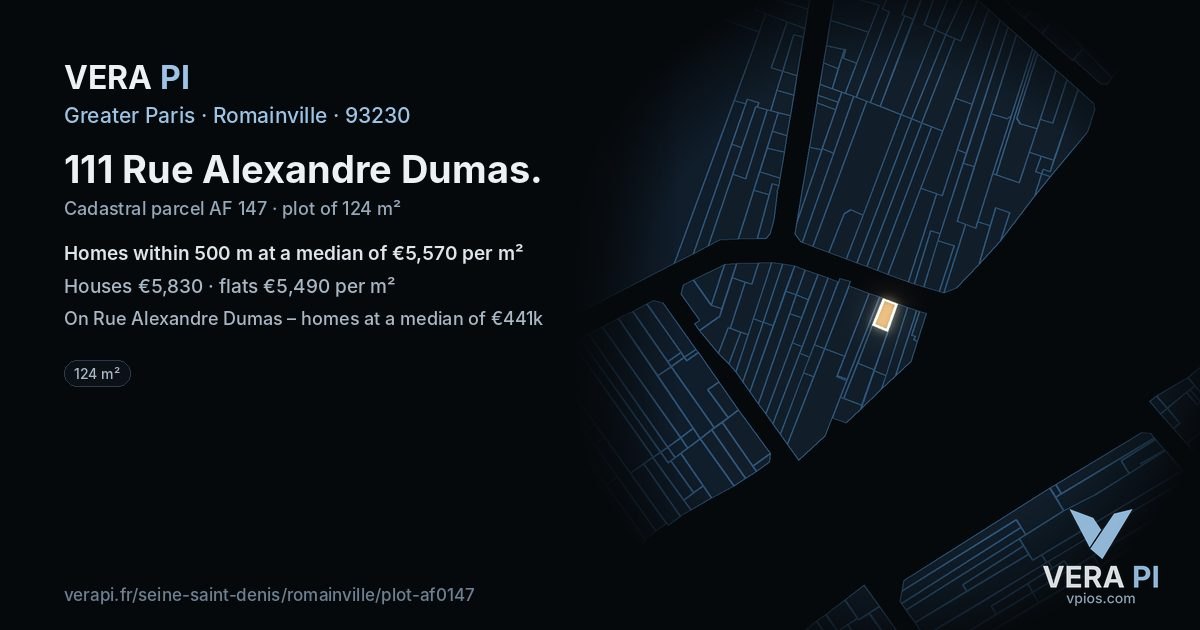 111 Rue Alexandre Dumas, Romainville at night – the plot lit, the parcels around coloured by the prices near them