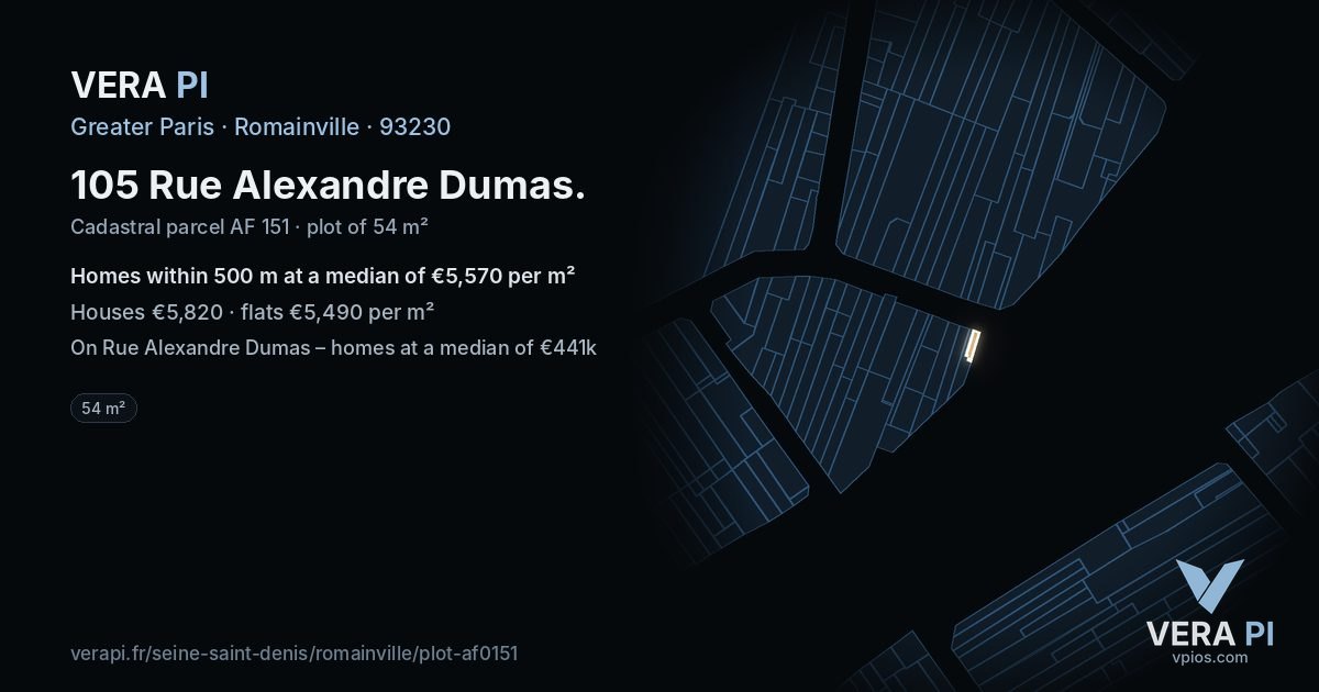 105 Rue Alexandre Dumas, Romainville at night – the plot lit, the parcels around coloured by the prices near them