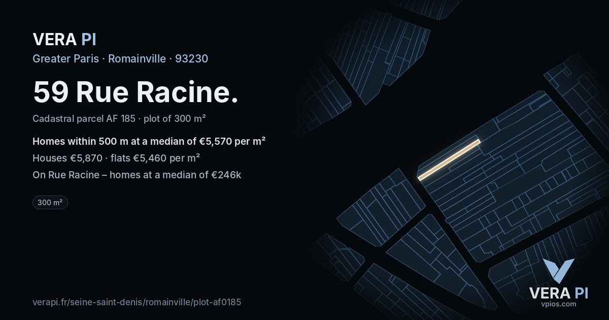 59 Rue Racine, Romainville at night – the plot lit, the parcels around coloured by the prices near them