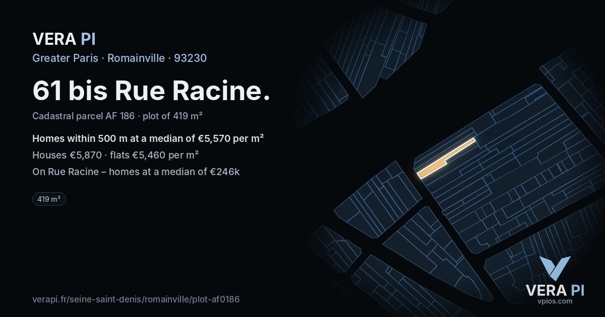 61 bis Rue Racine, Romainville at night – the plot lit, the parcels around coloured by the prices near them