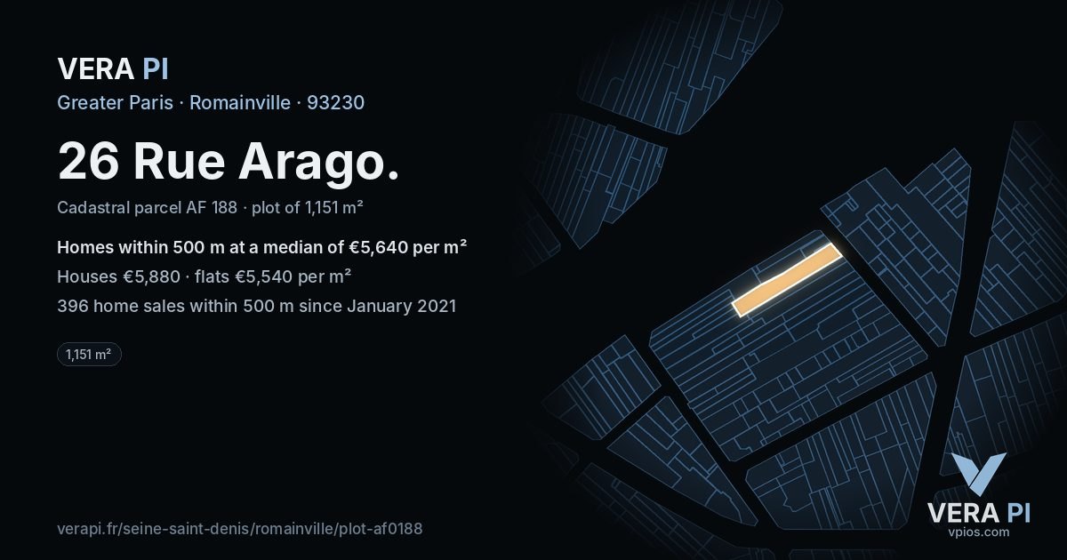 26 Rue Arago, Romainville at night – the plot lit, the parcels around coloured by the prices near them