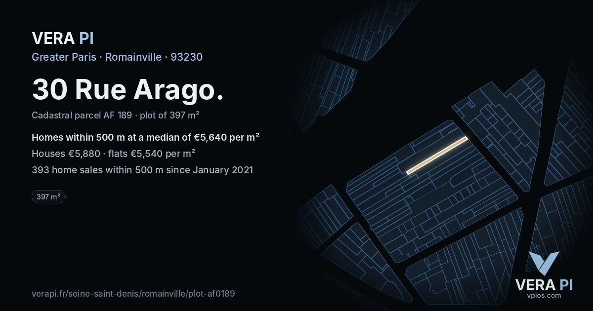 30 Rue Arago, Romainville at night – the plot lit, the parcels around coloured by the prices near them