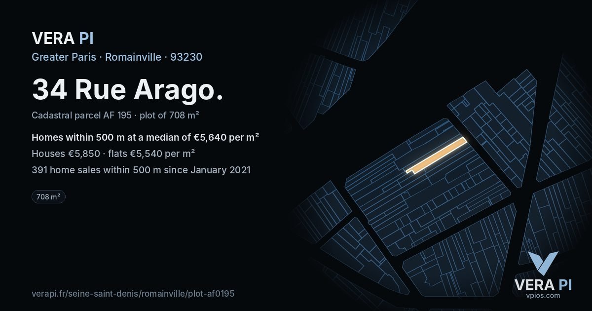 34 Rue Arago, Romainville at night – the plot lit, the parcels around coloured by the prices near them