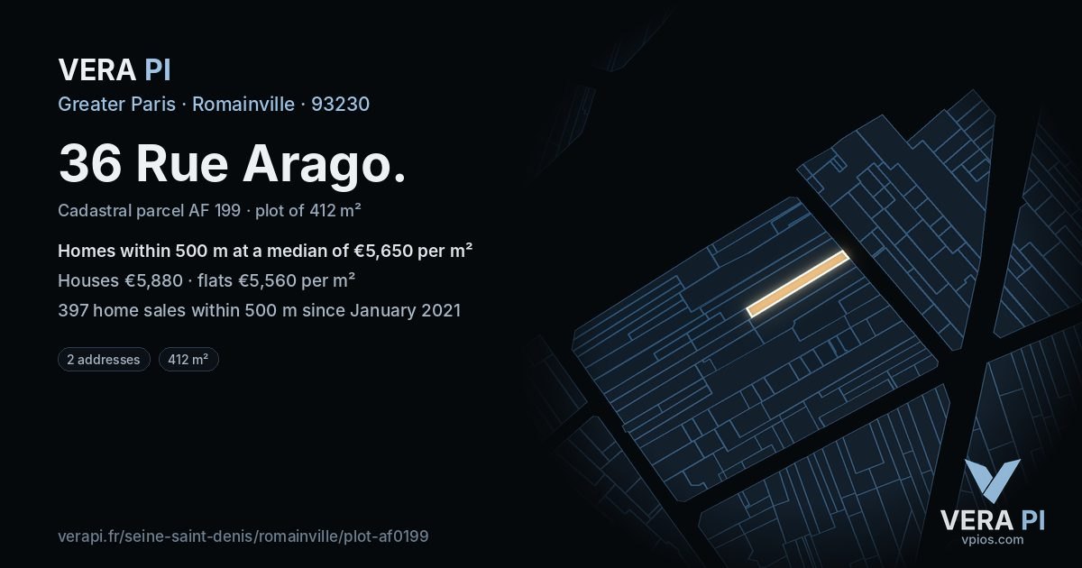 36 Rue Arago, Romainville at night – the plot lit, the parcels around coloured by the prices near them