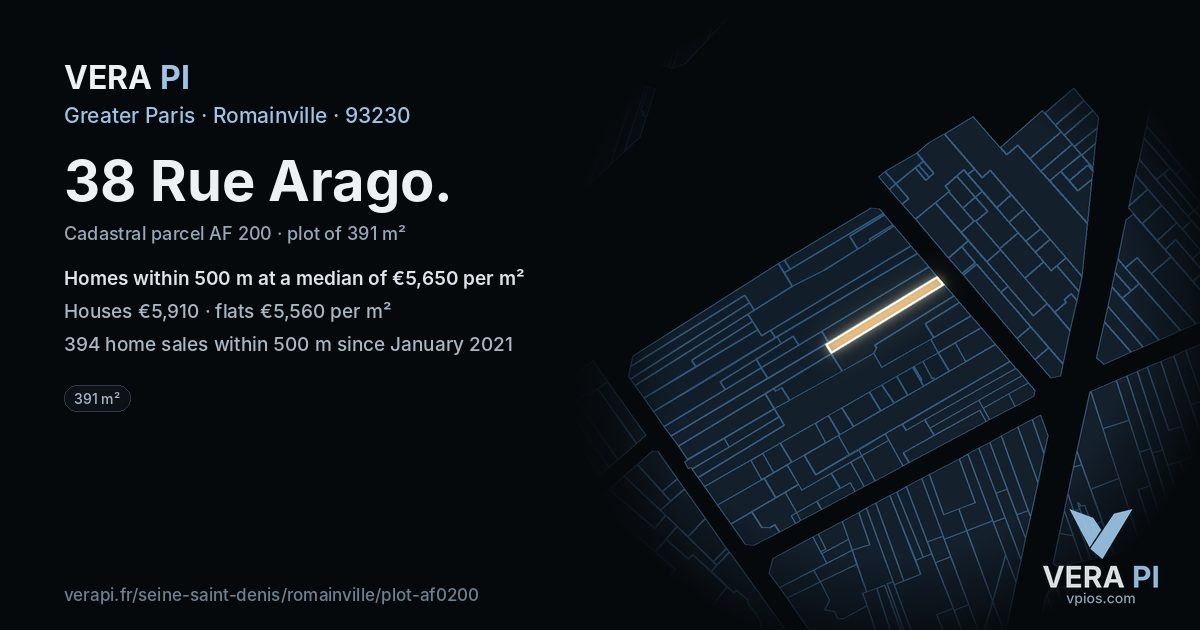 38 Rue Arago, Romainville at night – the plot lit, the parcels around coloured by the prices near them