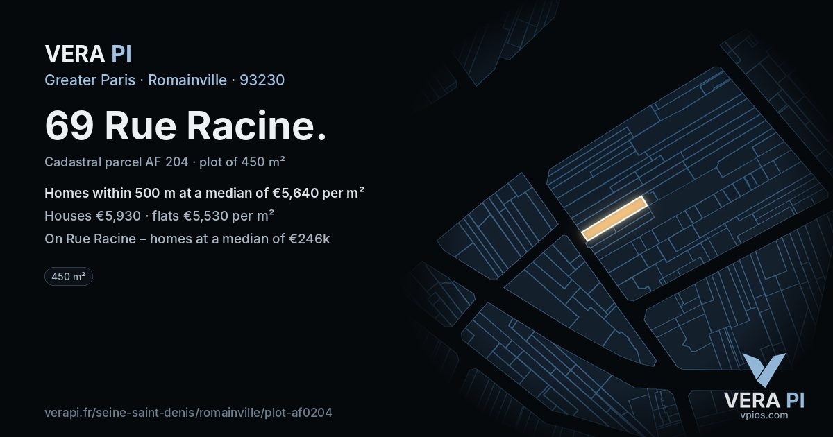 69 Rue Racine, Romainville at night – the plot lit, the parcels around coloured by the prices near them