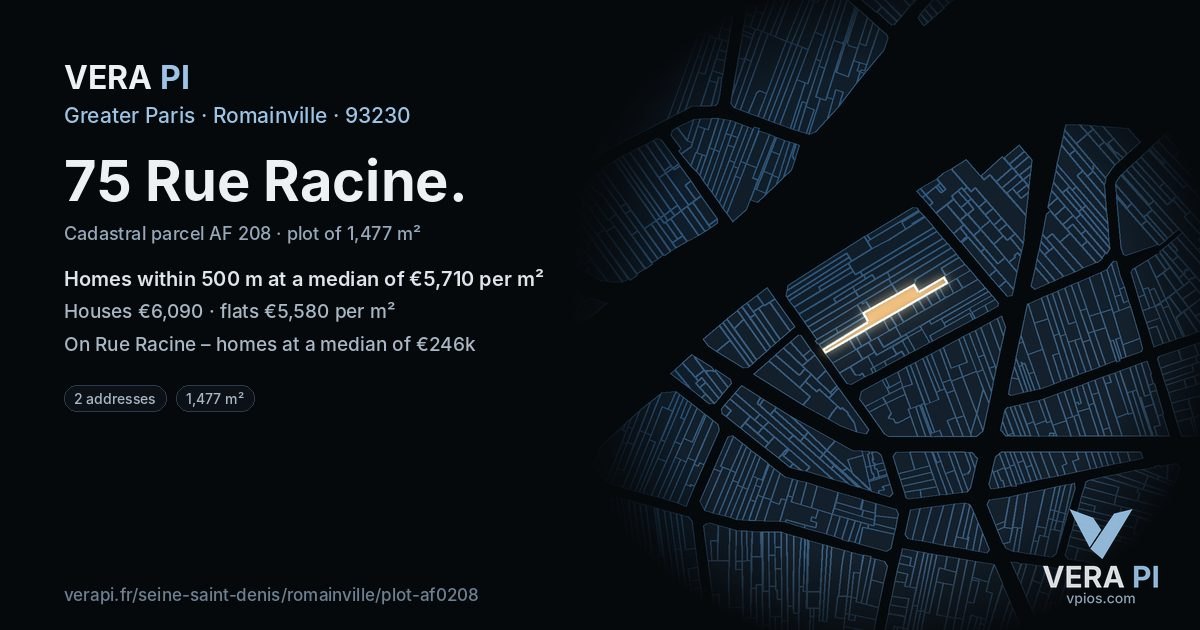 75 Rue Racine, Romainville at night – the plot lit, the parcels around coloured by the prices near them