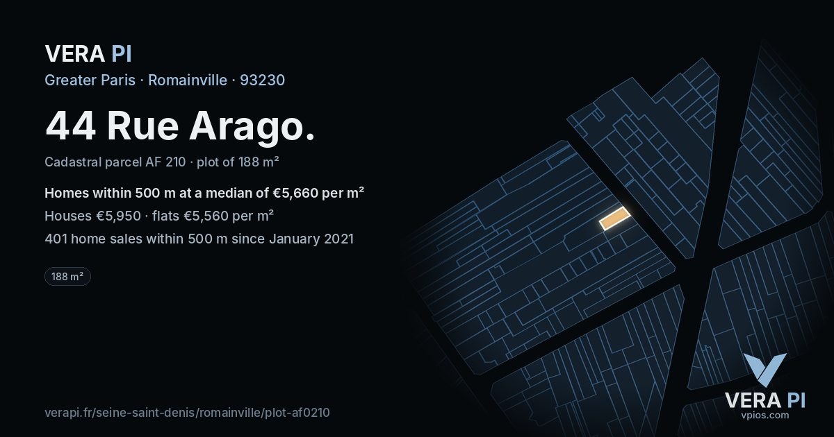 44 Rue Arago, Romainville at night – the plot lit, the parcels around coloured by the prices near them