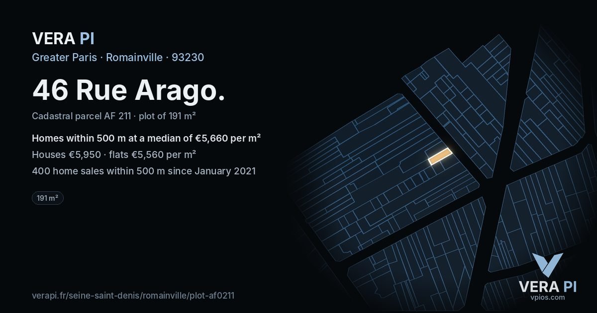 46 Rue Arago, Romainville at night – the plot lit, the parcels around coloured by the prices near them