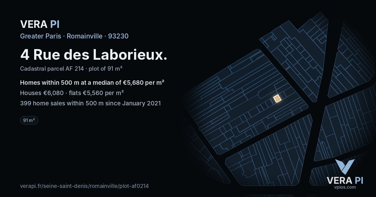 4 Rue des Laborieux, Romainville at night – the plot lit, the parcels around coloured by the prices near them