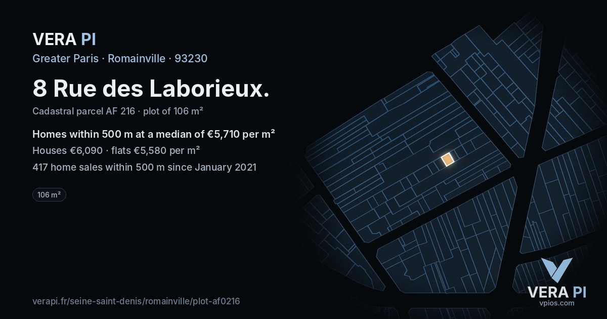 8 Rue des Laborieux, Romainville at night – the plot lit, the parcels around coloured by the prices near them
