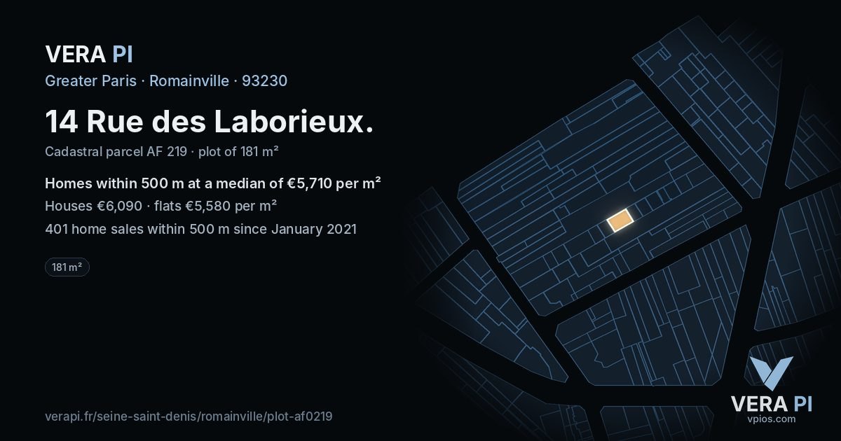 14 Rue des Laborieux, Romainville at night – the plot lit, the parcels around coloured by the prices near them