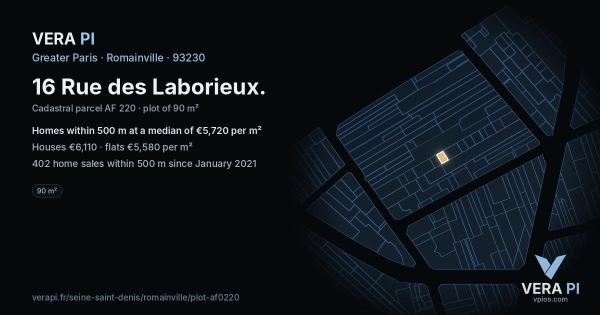 16 Rue des Laborieux, Romainville at night – the plot lit, the parcels around coloured by the prices near them