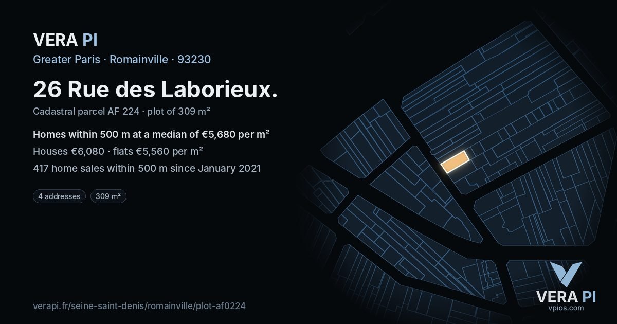 26 Rue des Laborieux, Romainville at night – the plot lit, the parcels around coloured by the prices near them