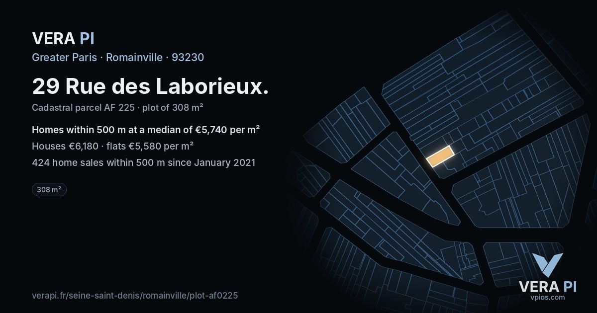 29 Rue des Laborieux, Romainville at night – the plot lit, the parcels around coloured by the prices near them