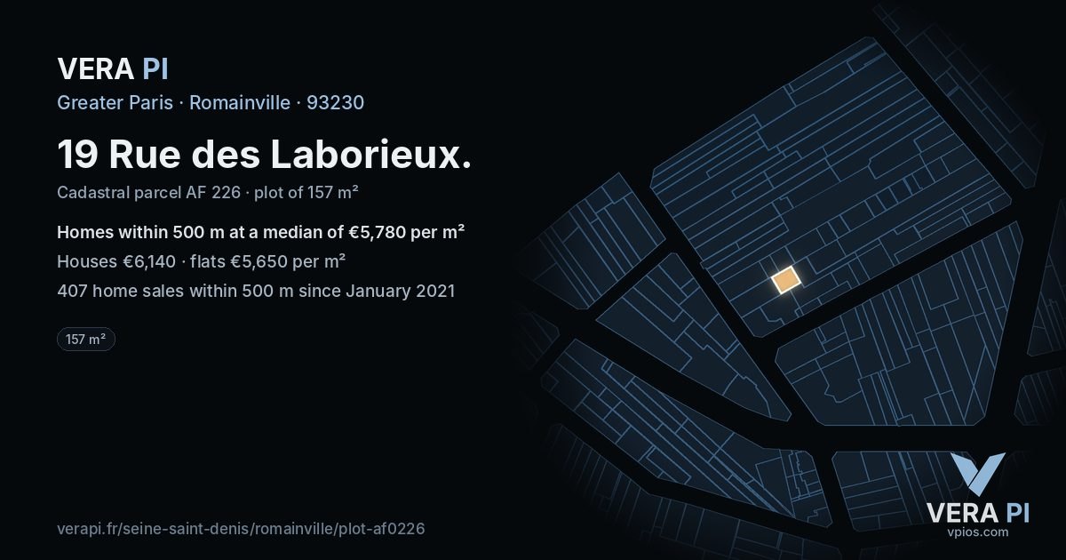 19 Rue des Laborieux, Romainville at night – the plot lit, the parcels around coloured by the prices near them