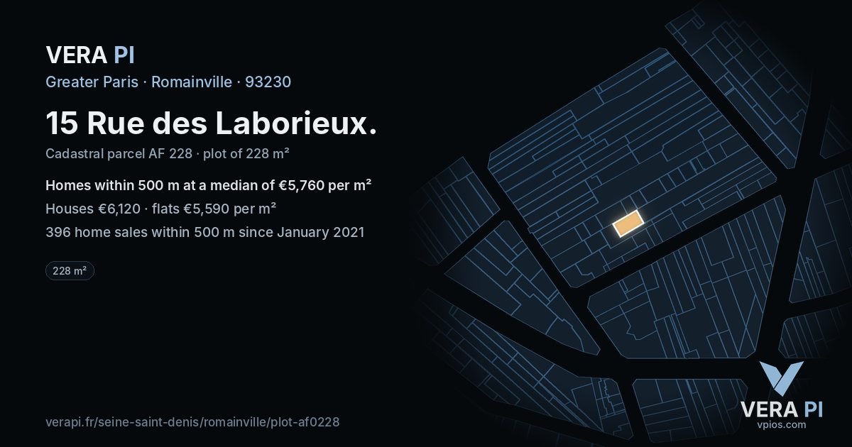 15 Rue des Laborieux, Romainville at night – the plot lit, the parcels around coloured by the prices near them