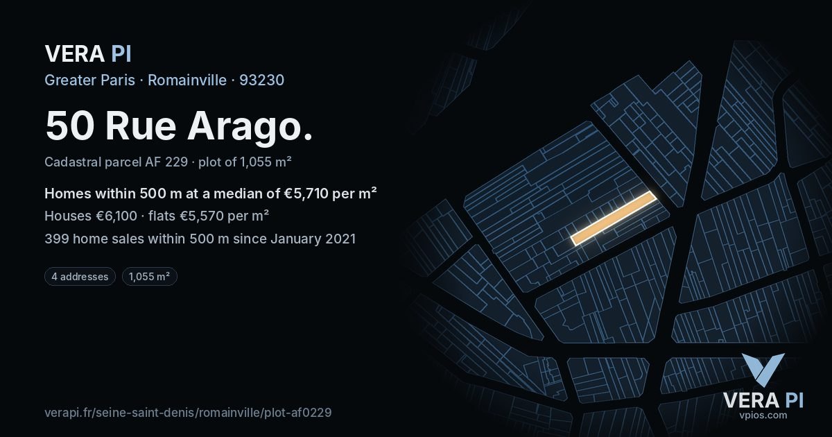 50 Rue Arago, Romainville at night – the plot lit, the parcels around coloured by the prices near them