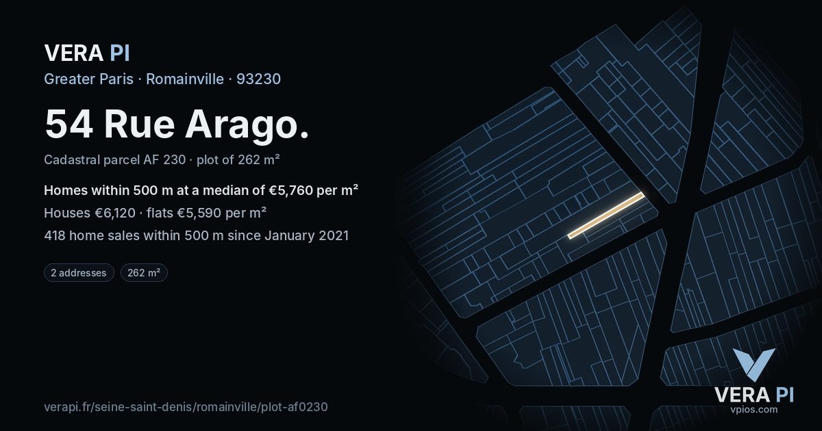 54 Rue Arago, Romainville at night – the plot lit, the parcels around coloured by the prices near them