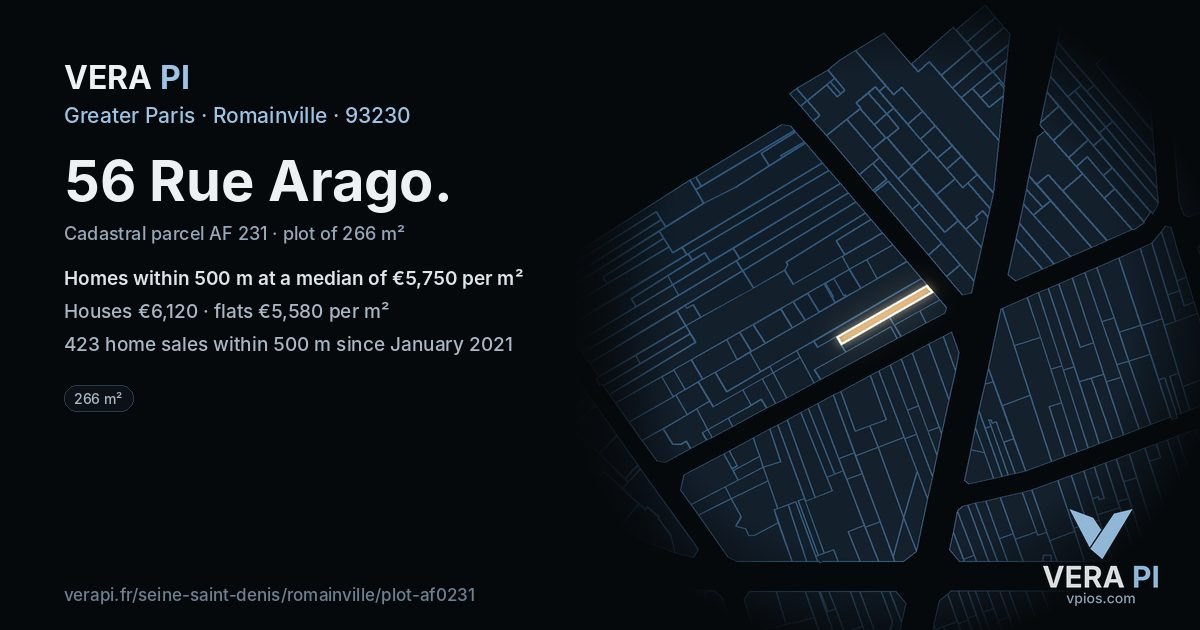 56 Rue Arago, Romainville at night – the plot lit, the parcels around coloured by the prices near them