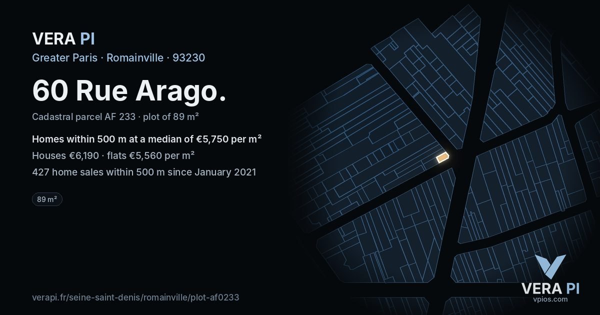 60 Rue Arago, Romainville at night – the plot lit, the parcels around coloured by the prices near them