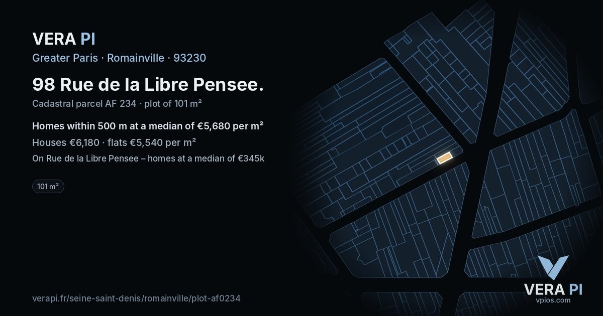 98 Rue de la Libre Pensee, Romainville at night – the plot lit, the parcels around coloured by the prices near them