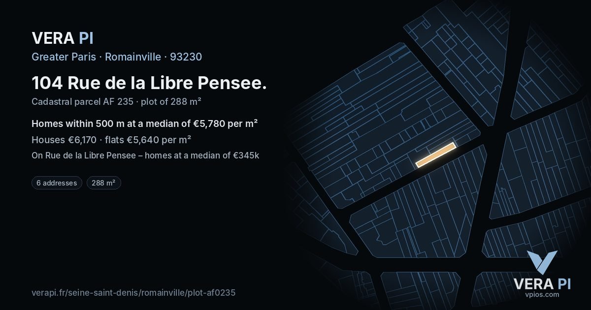 104 Rue de la Libre Pensee, Romainville at night – the plot lit, the parcels around coloured by the prices near them