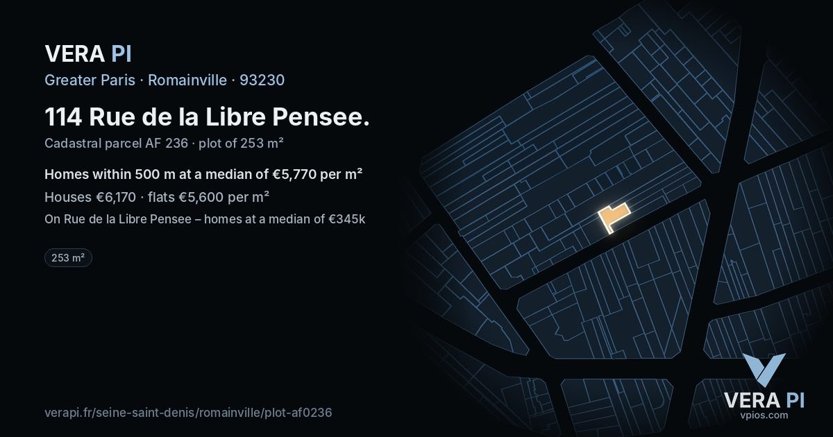114 Rue de la Libre Pensee, Romainville at night – the plot lit, the parcels around coloured by the prices near them