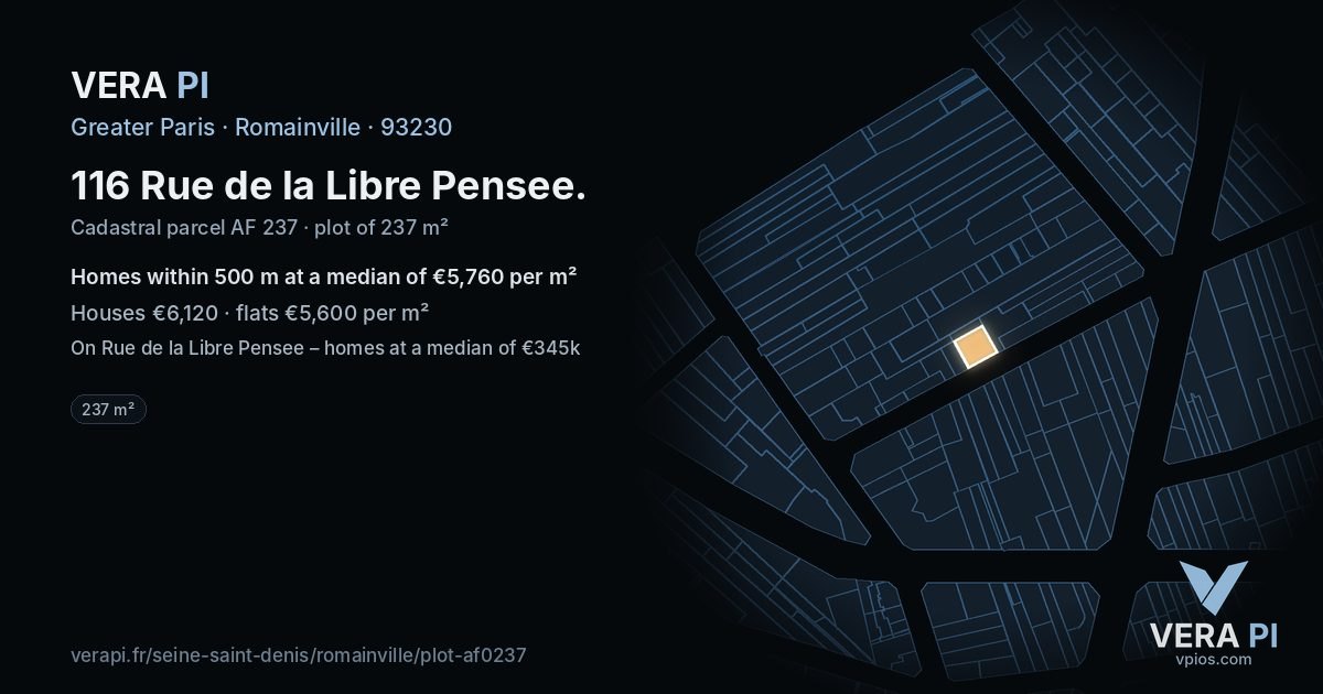 116 Rue de la Libre Pensee, Romainville at night – the plot lit, the parcels around coloured by the prices near them