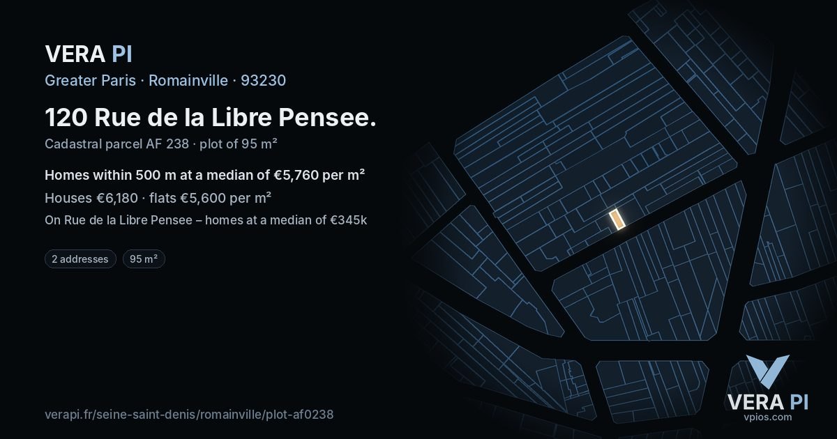 120 Rue de la Libre Pensee, Romainville at night – the plot lit, the parcels around coloured by the prices near them