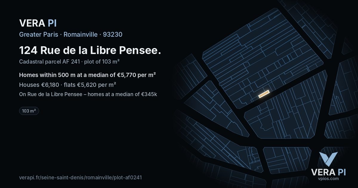 124 Rue de la Libre Pensee, Romainville at night – the plot lit, the parcels around coloured by the prices near them