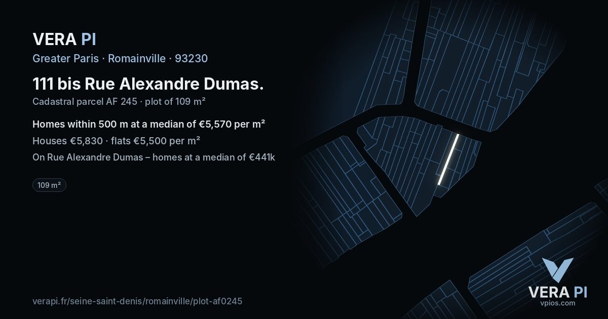 111 bis Rue Alexandre Dumas, Romainville at night – the plot lit, the parcels around coloured by the prices near them
