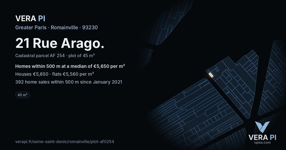 21 Rue Arago, Romainville at night – the plot lit, the parcels around coloured by the prices near them