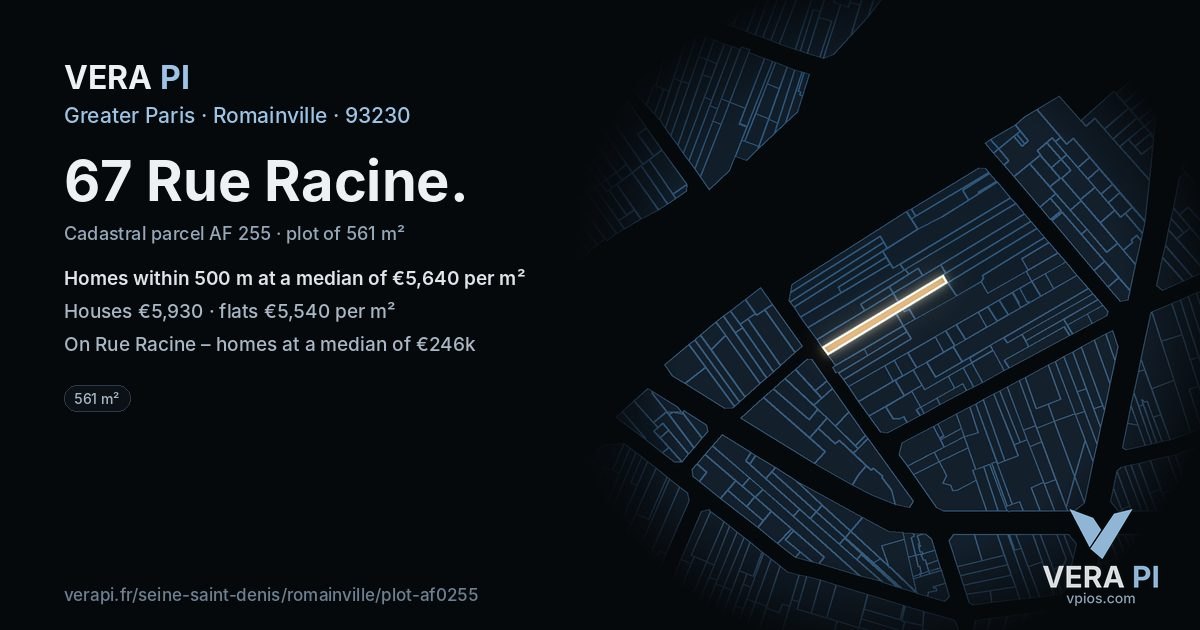67 Rue Racine, Romainville at night – the plot lit, the parcels around coloured by the prices near them