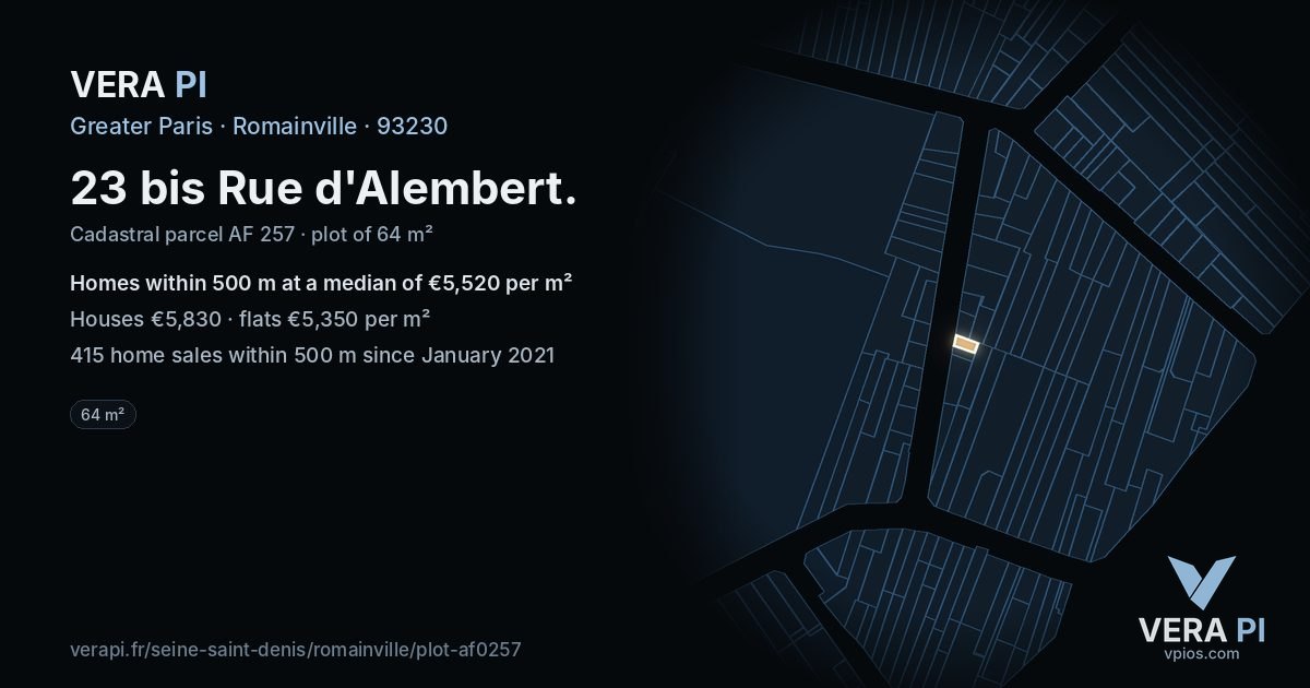 23 bis Rue d'Alembert, Romainville at night – the plot lit, the parcels around coloured by the prices near them