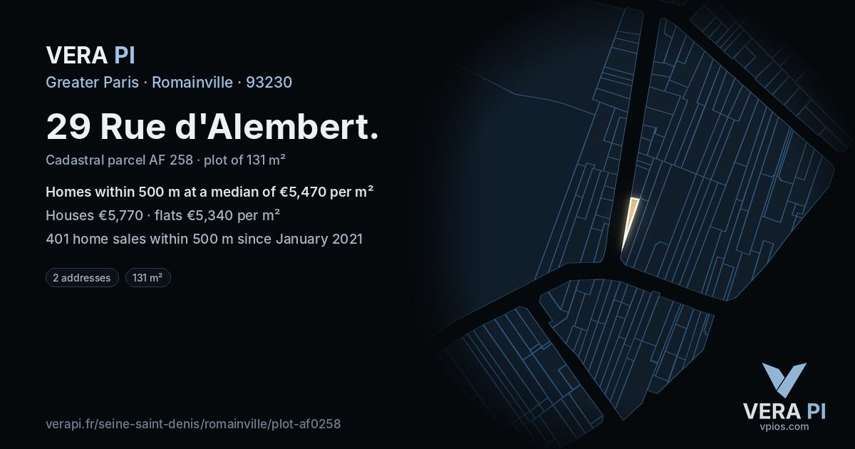 29 Rue d'Alembert, Romainville at night – the plot lit, the parcels around coloured by the prices near them