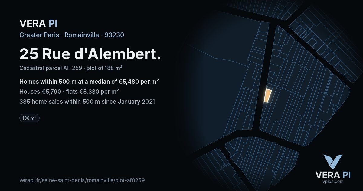 25 Rue d'Alembert, Romainville at night – the plot lit, the parcels around coloured by the prices near them
