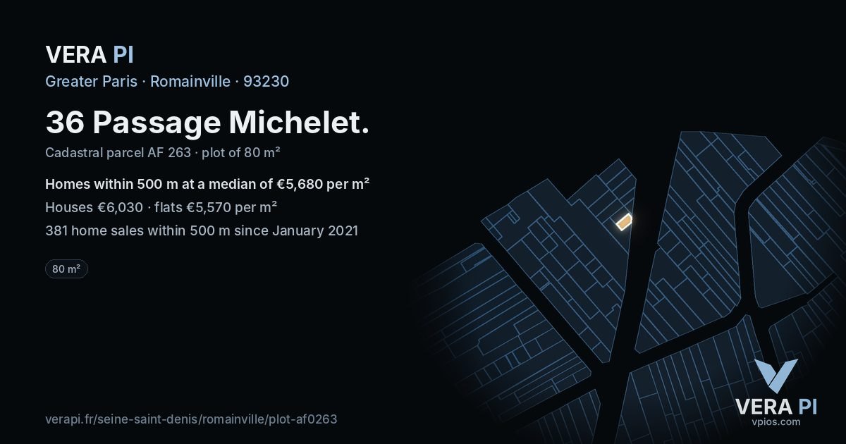 36 Passage Michelet, Romainville at night – the plot lit, the parcels around coloured by the prices near them